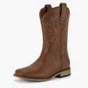 Rollda Kids Cowboy Boots for Boys Girls Western Square Toe Cowgirl Boots with Walking Heel , Big Kid, Size 7  Brown 7