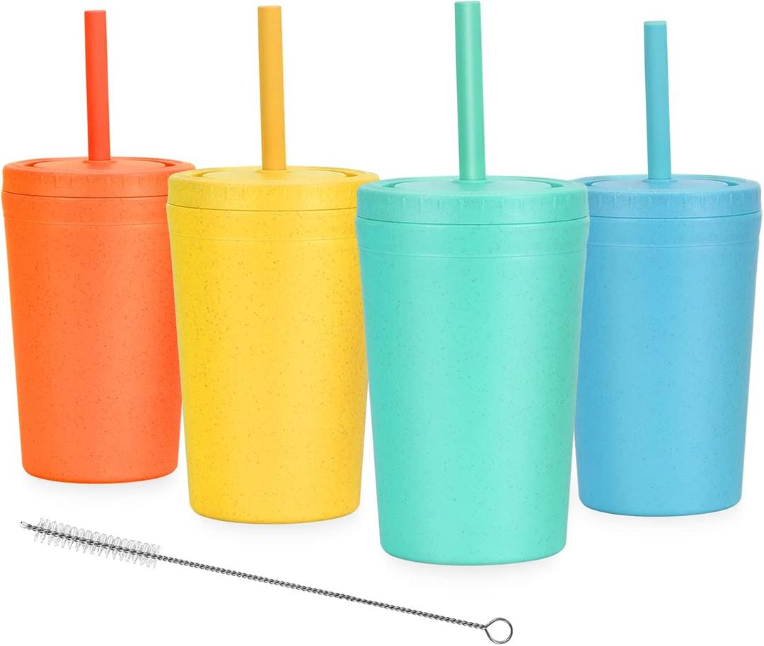 Homestockplus Reusable Wheat Straw Cups with Lids and Silicone Straws, 10 Oz Chip Resistant E-Co Friendly Small Water Cups for Milk, Drinks, Smoothies - 4 Colors, Multicolor