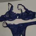 Lilosy Sexy Floral Lace Scallop Underwire Push Up Sheer Lingerie Set Outfits (Medium, Navy Blue)