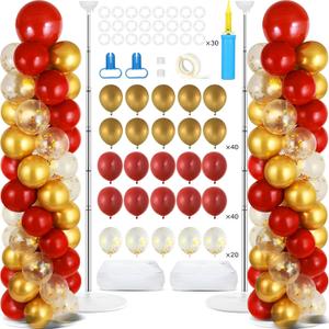 2 Sets Red Gold Balloon Column Stand Kit with 100 Balloons Adjustable Balloon Tower Stand with Bases for Floor Red Gold Confetti Balloon Column Kit for Sport Birthday Wedding Back to School Party
