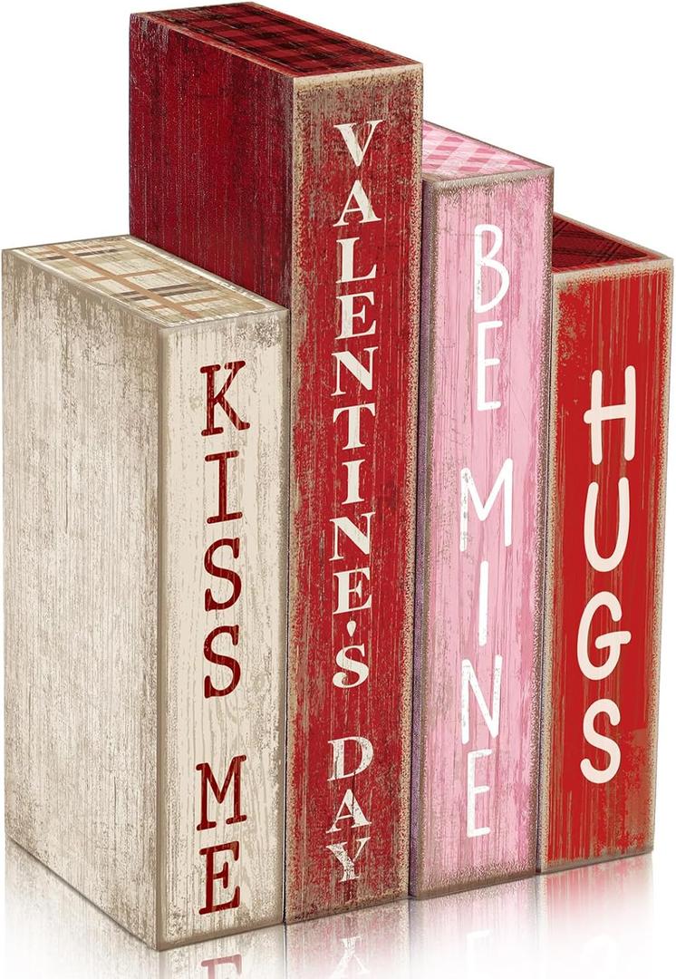 4 Pcs Valentines Day Decoration Wooden Book Valentine's Day Table Decoration Pink Red and White Valentines Tiered Tray Decor Wood Book Sign Farmhouse for Wedding Home Shelf Coffee Table