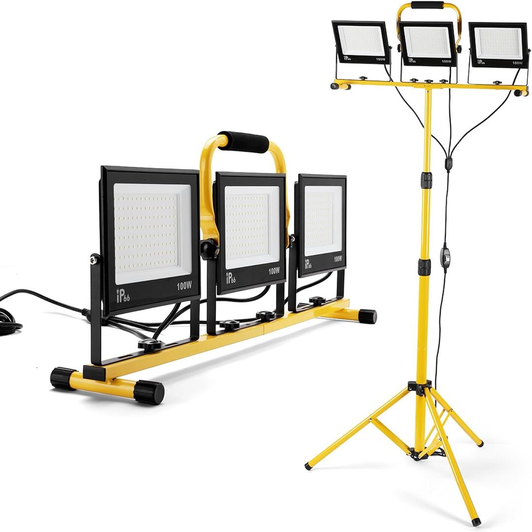 30000 Lumen Work Lights with Stand, 3 Adjustable Head LED Work Light, with Adjustable and Foldable Tripod Stand, Waterproof Lamp with 6500 Kelvin Color Temperature