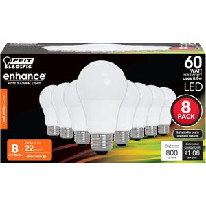 Feit Electric A19 LED Light Bulbs, 60W Equivalent, Dimmable, E26 Standard Base, 90 CRI, 800 Lumens, 2700K Soft White, 120V, 22 Years Lifetime, Damp Rated, 8 Pack, OM60DM/927CA/8