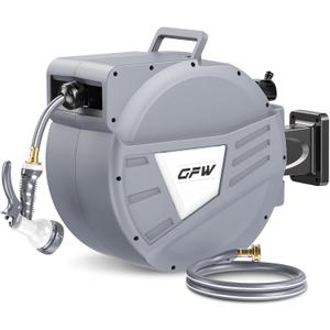 GOFORWILD Retractable Garden Hose Reel, 1/2 Inch x 90 ft Wall Mounted Water Hose Reel with L-shaped and Straight Hose Nozzles, 180Swivel Bracket, Slow Rewind System, Any Length Lock (Grey)