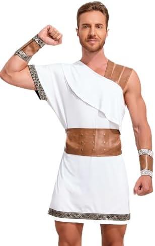 Khanda Greek Warrior Costume Toga Costume Mens Roman Greek God Costume with Headdress Belt Wrist Cuffs M, White