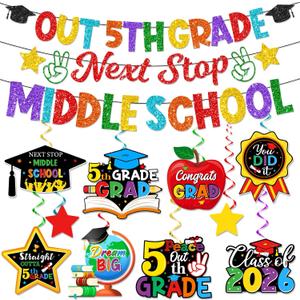Fifth Grade Graduation Decorations-5th Grade Graduation Banner,Elementary School Classroom Party Decorations,2026 School Sign Hanging Swirls Supplies for Boys & Girls