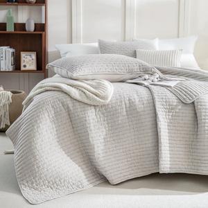 Sanracie Stonewashed Cotton Oversized King Bedspread(128"x120"), Soft Light Wheat Color Extra Large Wide Oversized Quilt Sets Cross Stitch Lightweight Crinkle Coverlet Set 3Pcs for All Season