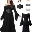 7 Pcs Halloween Medieval Renaissance Witch Dress for Women, Victorian Vintage Gothic Cosplay Fairy Costumes (Large, Black)