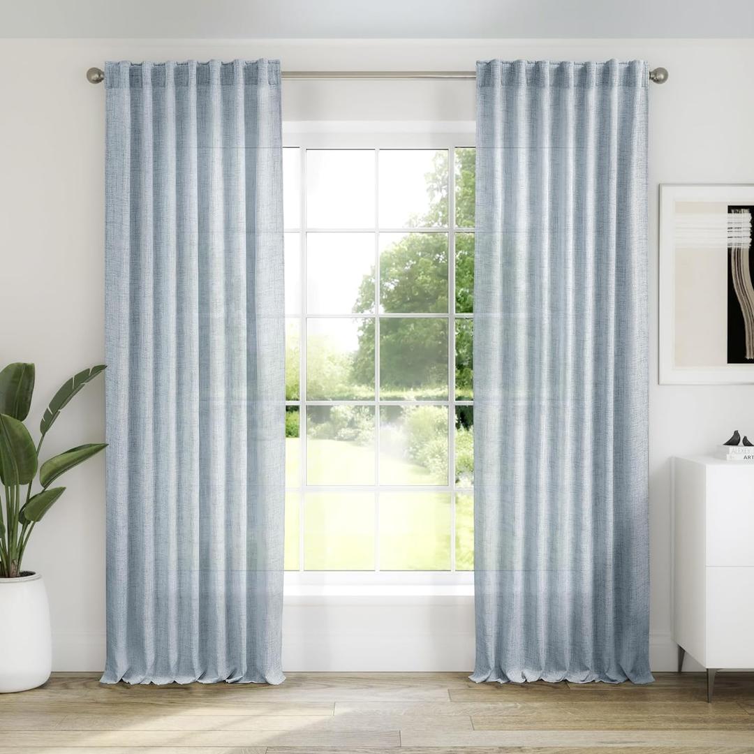 Blue Linen Curtains 108 Inches Long for Living Room 2 Panels Set Back Tab Pocket Farmhouse Boho Light Filtering Semi Sheer Dusty Stone Blue Curtains for Bedroom Dining Room, 9 FT Tall Grey Blue