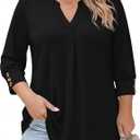 TFSDOD Womens Plus Size Tops 3/4 Length Sleeve Women's Tops V Neck Blouses Pleated Tunic Plus Size Fashion (2XL Plus)