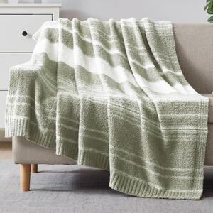 WRENGONGE Sage Green Throw Blanket, 50x70 Soft Cozy Striped Throw Blankets for Couch, Sofa, Bed, Travel, Lightweight Fluffy Warm Plush Decorative Blankets for Women, Men Gift