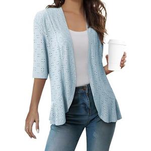 Sidefeel Lightweight Summer Cardigan for Women Spring Netted Knit Ruffle Half Sleeve Kimono Cover Ups, Sky Blue, XL