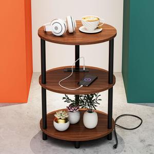 Small Round Side Table - 3-Tier Oval Accent Table for Small Spaces, Rustic Wood and Metal Nightstand for Living Room or Bedroom, with Built-in USB Ports and Power Outlet, Rustic Walnut (1-Pack)