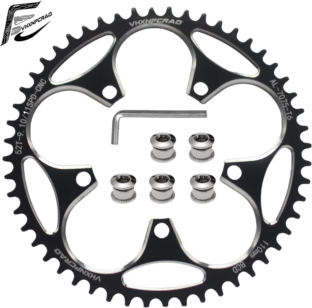 Bike Chainring, 110BCD Round Narrow Wide Chainring, 36-58T Single Bicycle Chain Ring for 8-12 Speed Road Bike (for 1 Chainring Bike) (52T, Black)