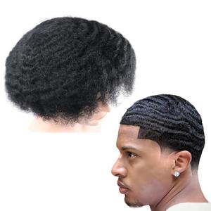 Men Unit Short Afro Kinky Curly Male Toupee Human Hair Wigs 10MM Mens Wave Kinky Curly Full Lace Wig for Men Hair Piece 8x10inch Lace Replacement Systems (1# Jet Black)