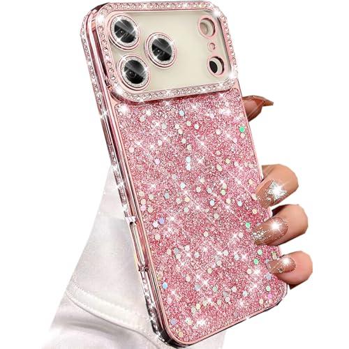 Changjia Glitter Bling Case for iPhone 17 Pro Max,Cute Luxury Sparkly Crystal Diamond Rhinestone Sequin Shiny with Camera Lens Protector Plating Bumper Women Girls Case for iPhone 17 Pro Max 6.9",Pink