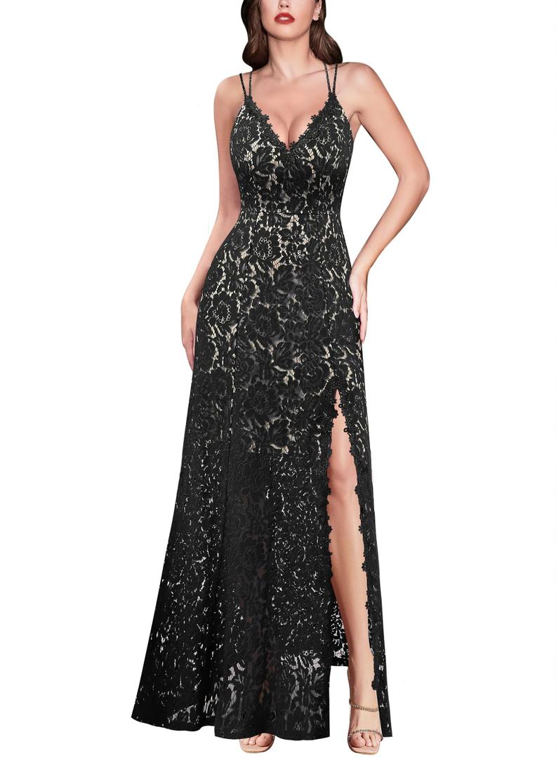 VFSHOW Womens Sexy V Neck Floral Lace Prom Formal High Slit Maxi Dress 2023 Spaghetti Strap Bridesmaid Wedding Guest Cocktail Evening Long Gown (Black, X-Small) 10905 BLK XS