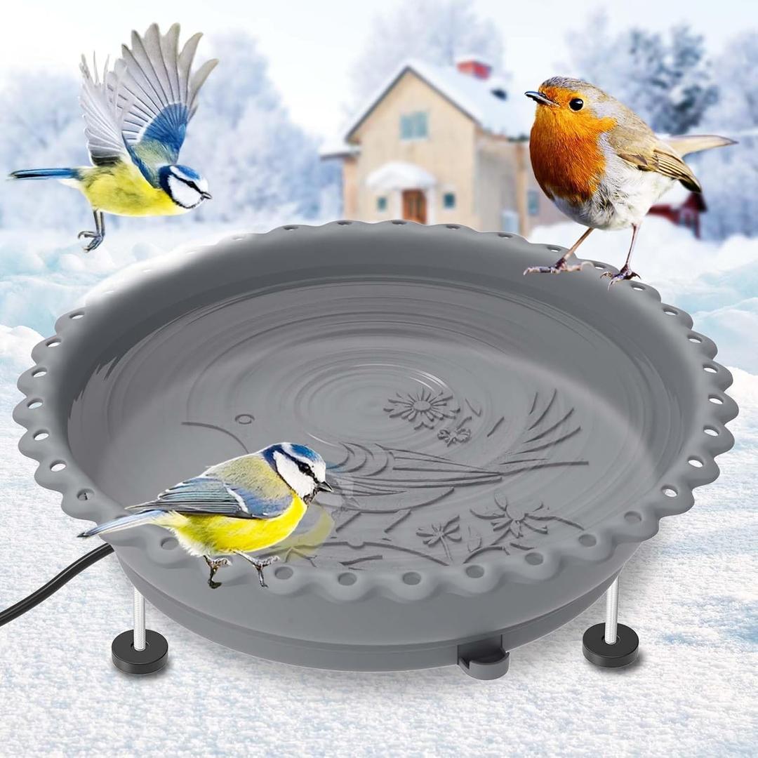 Heated Bird Bath for Outside Winter,100W Thermostatically Controlled Heated Birdbath with Metal Extension Screws Water Heated Bird Bath for Outdoor Garden Yard Patio Lawn(Gray)