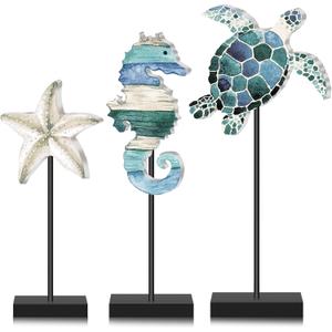 Tradder 3 Pcs Summer Ocean Tabletop Decor Standing Sea Turtle Starfish Seahorse Block Wooden Table Centerpiece Sign Coastal Beach Nautical Table Decor for Home Kitchen