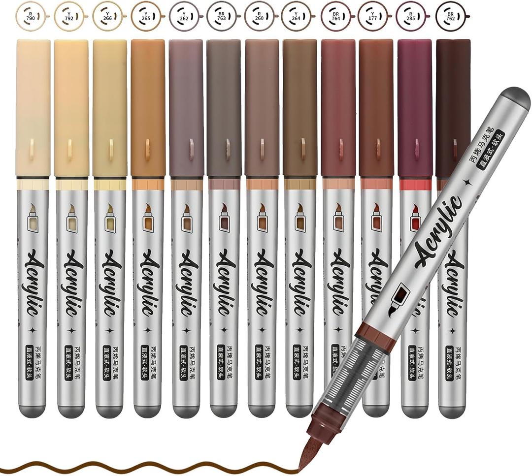 Brown Acrylic Paint Pens,12 Color Paint Pen Markers,Brush Tip Paint Pens for Rock Painting Wood Glass Ceramic Canvas Stone DIY Crafts Making Art Supplies