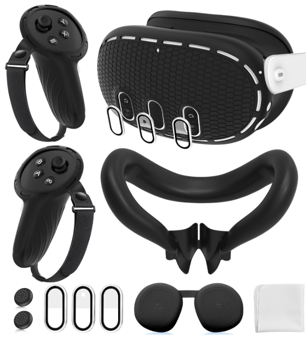 Silicone Cover Set Compatible with Meta/Oculus Quest 3 Accessories, Controller Grips, VR Shell Cover, Facial Interface Cover, Protective Lens Cover, Tempered Glass Lens Caps, Not Fit Quest 3S
