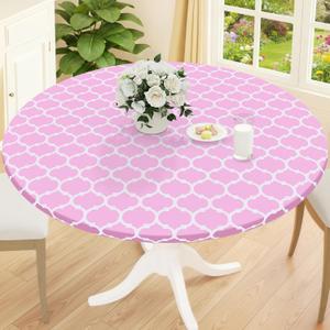 Smiry Round Picnic Tablecloth, Waterproof Elastic Fitted Table Covers for 45" - 56" Tables, Wipeable Flannel Backed Vinyl Tablecloths for Camping, Indoor, Outdoor, Pink & White, For Up to 45"-56" Round
