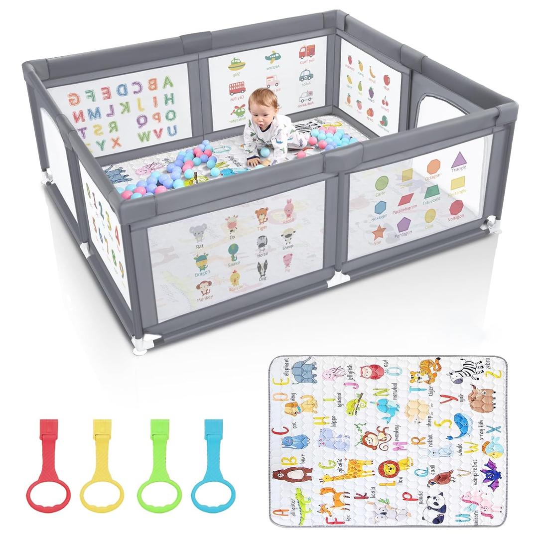 Premium Baby Playpen with Mat, 71x60 Inches Extra Large Playpen for Babies and Toddlers, Indoor & Outdoor Activity Center, Safety Baby Play Pen with Gate Prints (Grey+Letter)