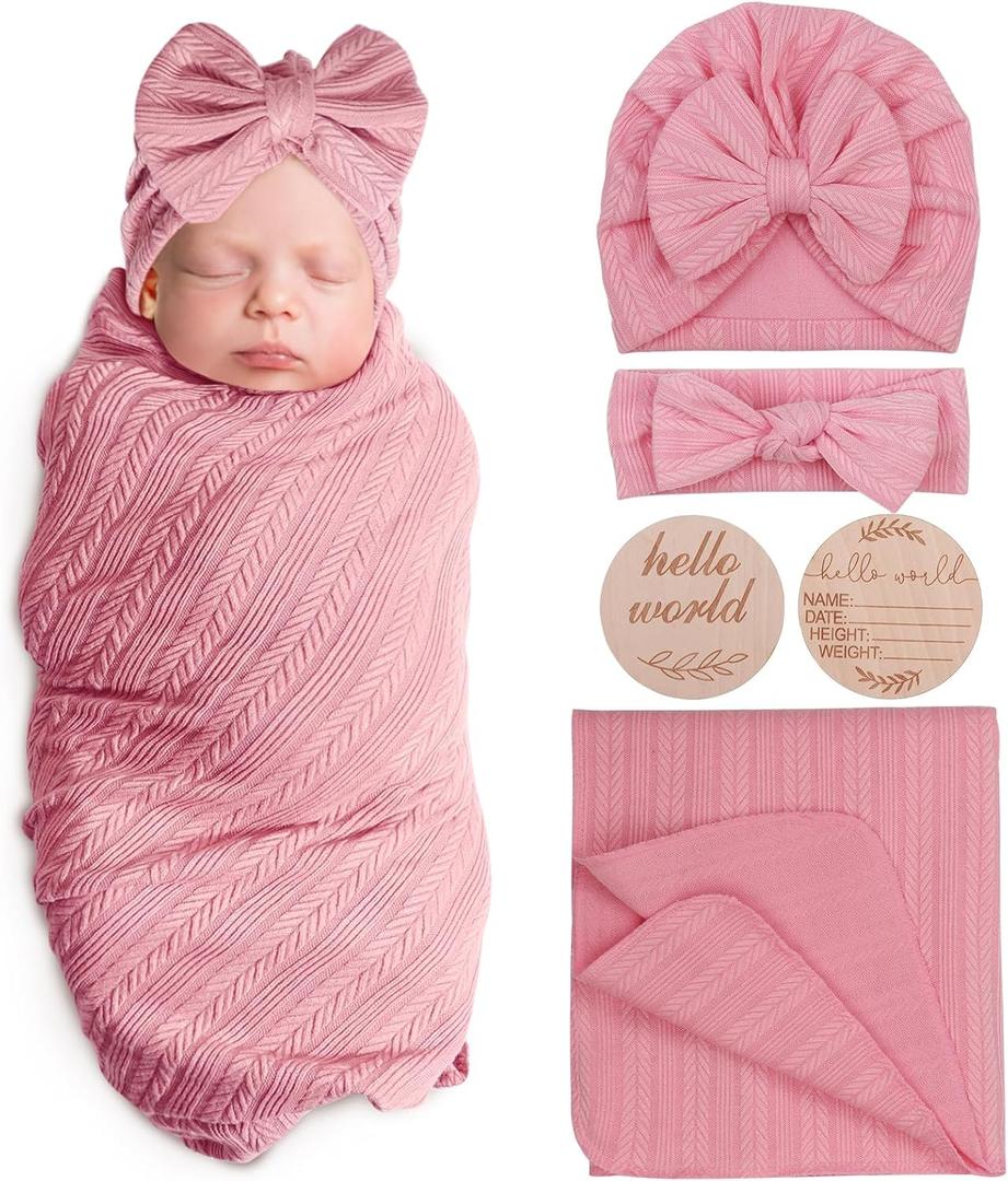AQOKKA Newborn Receiving Blanket with Bow Hat Headband Wooden Card Set Wheat-Pattern Newborns Toddler Baby Boy Girl Nursery Swaddle Wrap