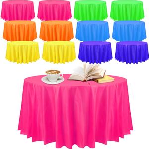 Preboun 84 Inch Large Neon Tablecloth Disposable Plastic Round Party Table Cover Decor Assorted Color Tablecloth Circle Table Cover for Wedding Birthday Picnic Tea Party Decor(Fresh Color,12 Pack)