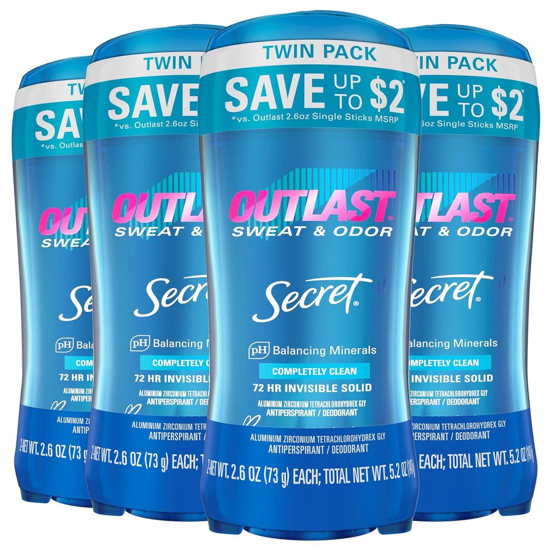 Secret Outlast Antiperspirant Deodorant for Women, 72hr Sweat & Odor Protection, PH Balancing Minerals, Invisible Solid, Completely Clean Scent, 2.6 oz (Pack of 4)