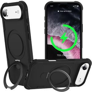 Designed for iPhone 17 Air Case with Magnetic Stand [Military Drop Protection][Compatible with Magnet] Shockproof 17 Air Phone Case with Ring Holder, Black