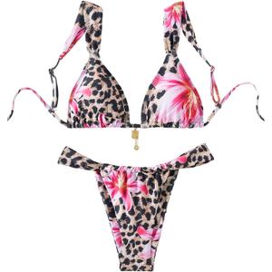 WDIRARA Women's 2 Piece Leopard Print Swimsuits Triangle High Waisted Bathing Suit Brazilian Bikini Sets (Large, Leopard Floral Multicolor)