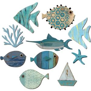 10 Pcs Fish Wall Decor Wood School of Fish Wall Decor Beach Theme Bathroom Decoration Wooden Nautical Coastal Pictures Home Hanging Art Summer Coastal Gift