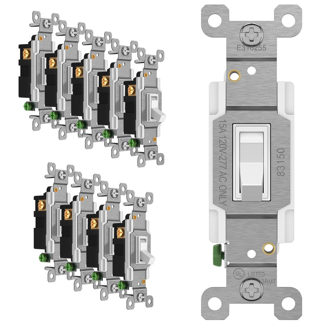ENERLITES Toggle Light Switch, 3-Way or Single Pole, 15A 120-277V, Grounding Screw, Residential Grade, UL Listed, 83150-W-10PCS, White (10 Pack)