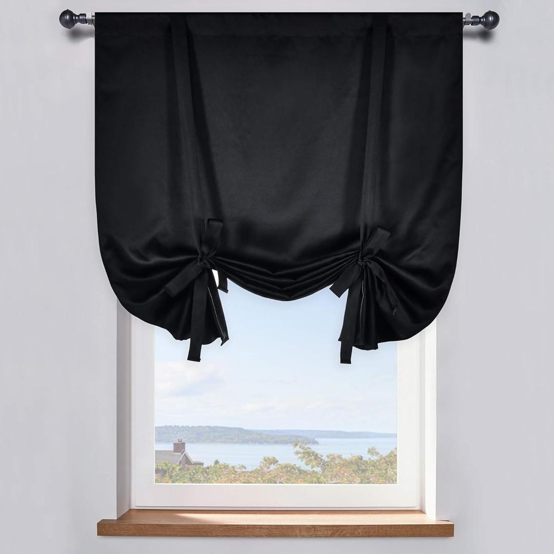 DONREN 99% Blackout Thermal Insulated Adjustable Tie Up Shade Curtain with Rod Pocket Top - 34 Wide by 45 Inch Long (Black, 1 Panel)