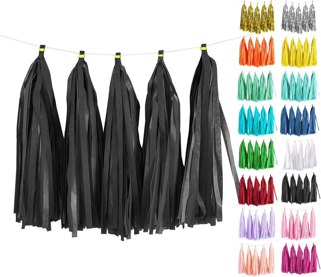 Black Tassel Garland 20 Pcs, Tissue Paper Tassels Garland Banner for Party Birthday Wedding Decoration Baby Shower Table Decor