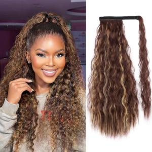 Long Corn Wave Ponytail Extension Magic Paste Heat Resistant Wavy Synthetic Wrap Around Ponytail Hairpiece for Black Women (22 Inch, 22 Inch-Chocolate Brown with Caramel Blonde)