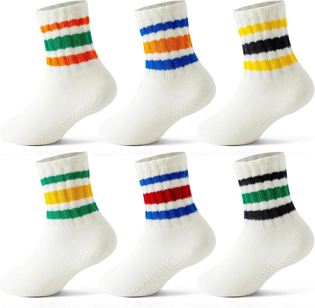 Toddler Socks with Grips, Seamless Non-Slip Crew Baby Boy Girl Grippy Socks (Beige)