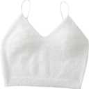 SHENHE Women's V Neck Spaghetti Strap Furry Cute Top Fluffy Knit Crop Cami Top Tank (Medium, White)