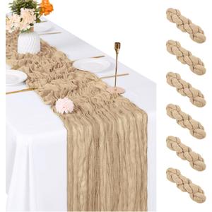 6 Pack Beige Cheesecloth Table Runner, 17 x 108 inch, Semi Sheer Boho Cheese Cloth Fabric Table Runner Bulk for Wedding , Birthday, Party, Holiday, Home Decor (Beige)