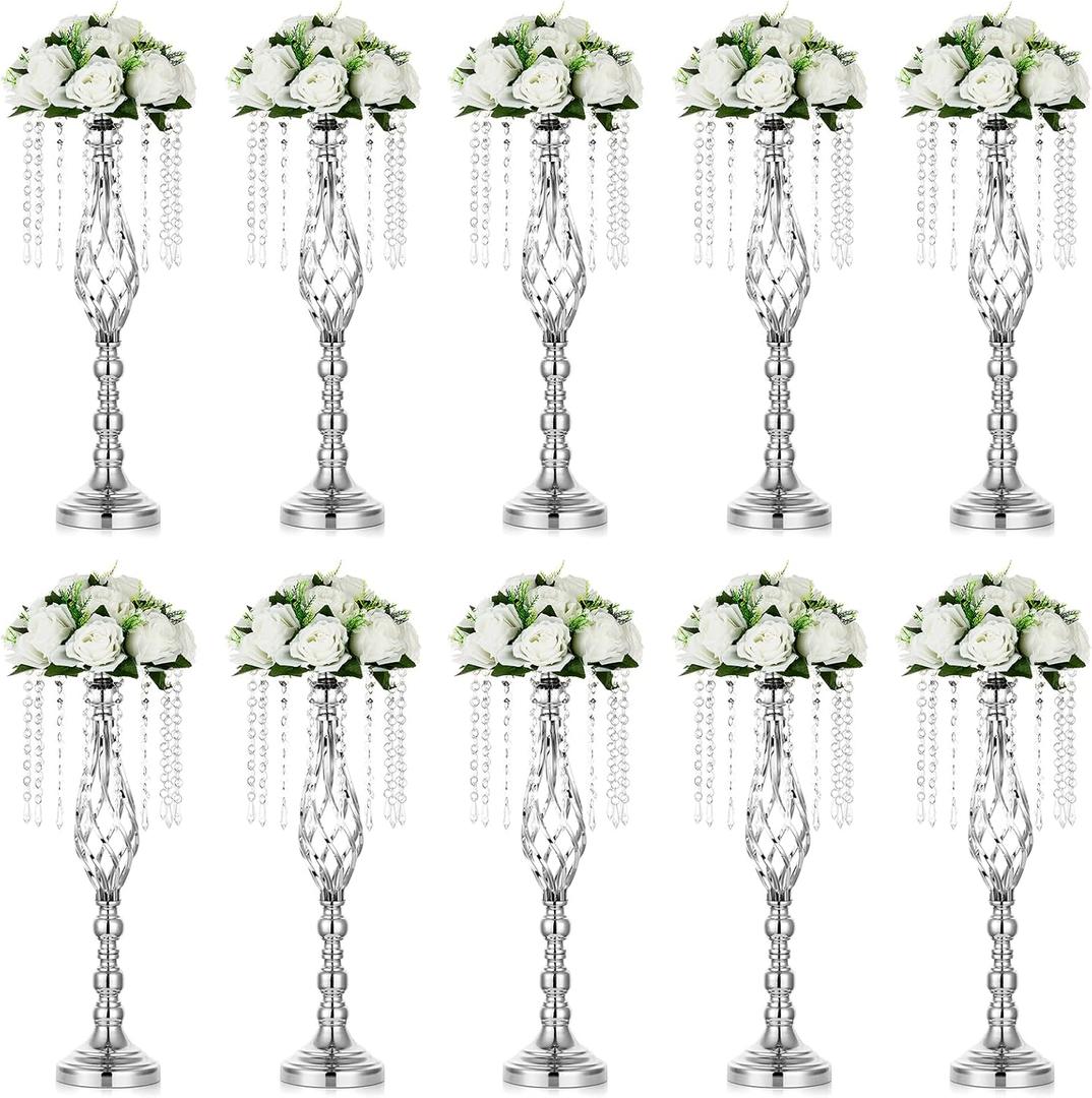 10 Pcs 19.3 inches Tall Crystal Flower Stand Wedding Road Lead Tall Flower Holders Centerpiece Crystal Flower Chandelier Metal Flower Vase for Reception Tables Wedding Supplies. Silver