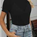 Women's Mesh Lace Top Sheer Short Sleeve T Shirt Mock Neck Summer Blouses (Black, M)