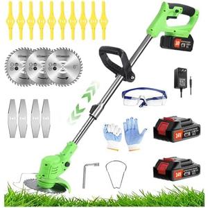 Wrneaoch 21V Electric Weed Wacker, Electric Cordless Weed Wacker Grass Trimmer Cordless with 2Pcs 2.0Ah Battery and Fast Charger, 10x Nylon Cutting Disc, 2 Types of Metal Cutting Disc