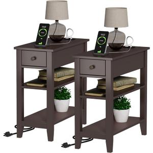 ChooChoo Narrow End Table Set of 2,Side Table Living Room with USB Ports & Power Outlets and Hidden Drawer, 3-Tier Skinny Nightstand with 2 Open Storage Shelves for Small Place(Espresso)