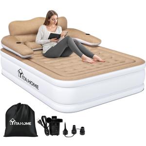 YITAHOME Queen Size Air Mattress with Headboard and Built-in Pump, 18in Blow Up Mattress with Carry Bag, Repair Kit, and Nozzles for Home, Camping, and Travel, Brown