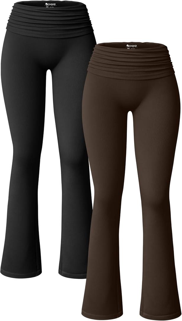 OQQ Women's 2 Piece Flared Pants Ribbed Fold Over Kick Ruched Stretch High Waist Casual Wide Leg (Large, Black, Dark Brown)