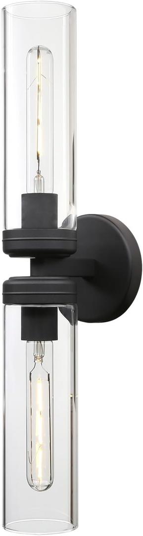 Pathson 2 Lights Cylinder Glass Wall Sconce, Hardwired Wall Vanity Lights with Double Tube Glass, Vintage Aluminum Wall Lamp Decor for Living Room Bedroom (Black 1-Pack)