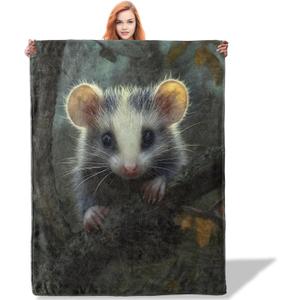 Cute Possum on Branch Throw Blanket 50"x60", Wildlife Lover Blankets for Couch Bed Decor, Warm Flannel Polyester Possum Gifts for Adults Kids