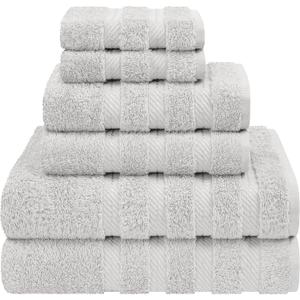 American Soft Linen Luxury 6 Piece Towel Set, 2 Bath Towels 2 Hand Towel 2 Washcloths, 600 GSM 100% Cotton Turkish Towels for Bathroom, Silver Grey Towel Sets