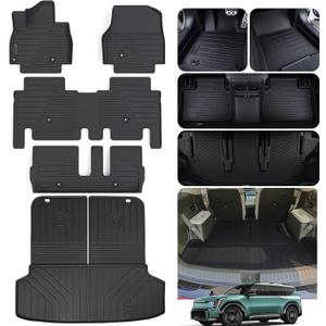 Floor Mats & Trunk Mat with Backrest Protection for 2024 2025 KIA EV9 7-Seats (2 Row Bench Seat)Non 6-Seats Version, TPE All Weather Protection 3 Rows Car Floor Liners with Cargo Liners